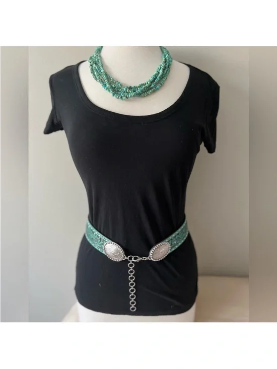 Nocona Turquoise Floral Tooled Leather Belt with Silver Conchos - Picture 8 of 8